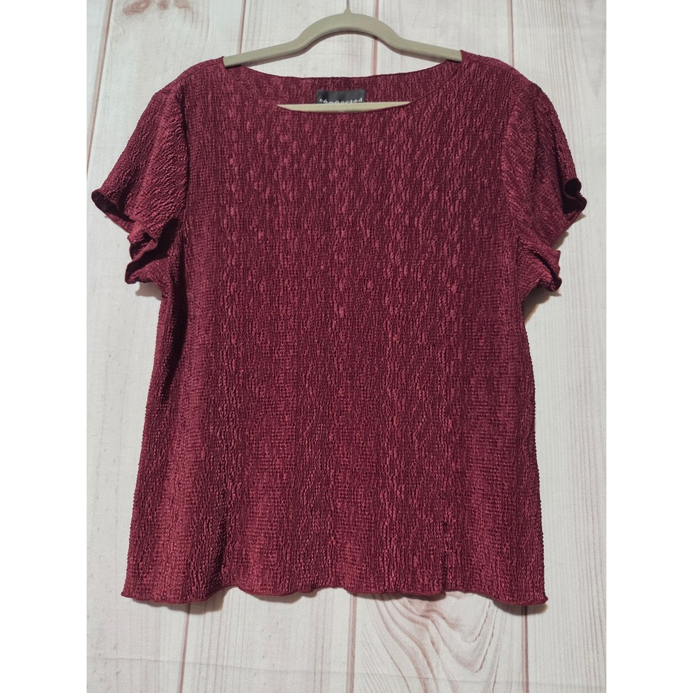 Connected Apparel Womens XL Burgundy Crinkle Texture Short Sleeve Blouse Top USA